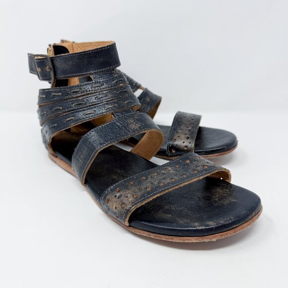 Bed Stu Black Leather Flat Gladiator Sandals Women's 7 Back Zip Made in Mexico - Picture 1 of 10